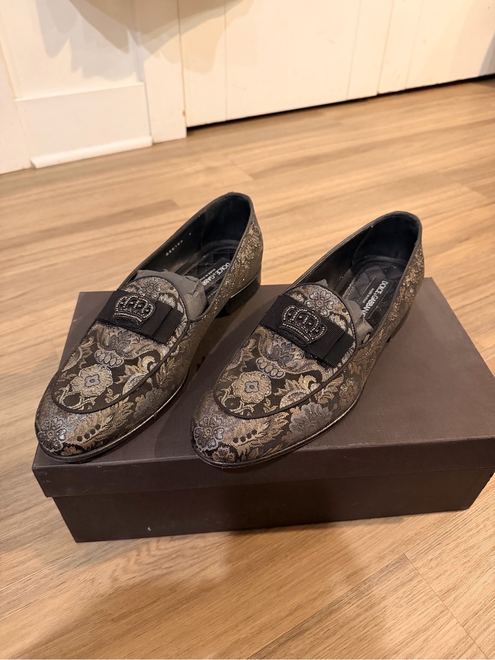 Dolce & Gabbana Black and Gold Brocade Slip-On Loafers